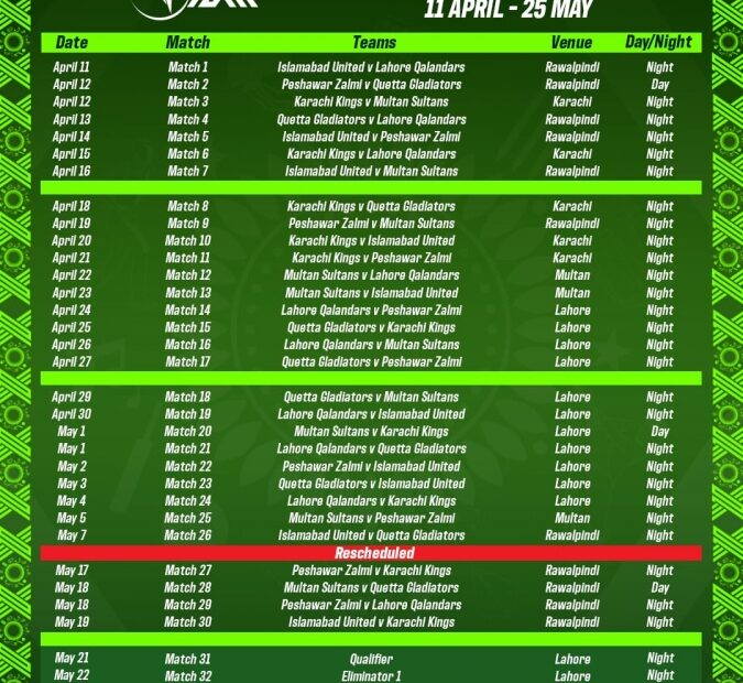 PSL new schedule 2025